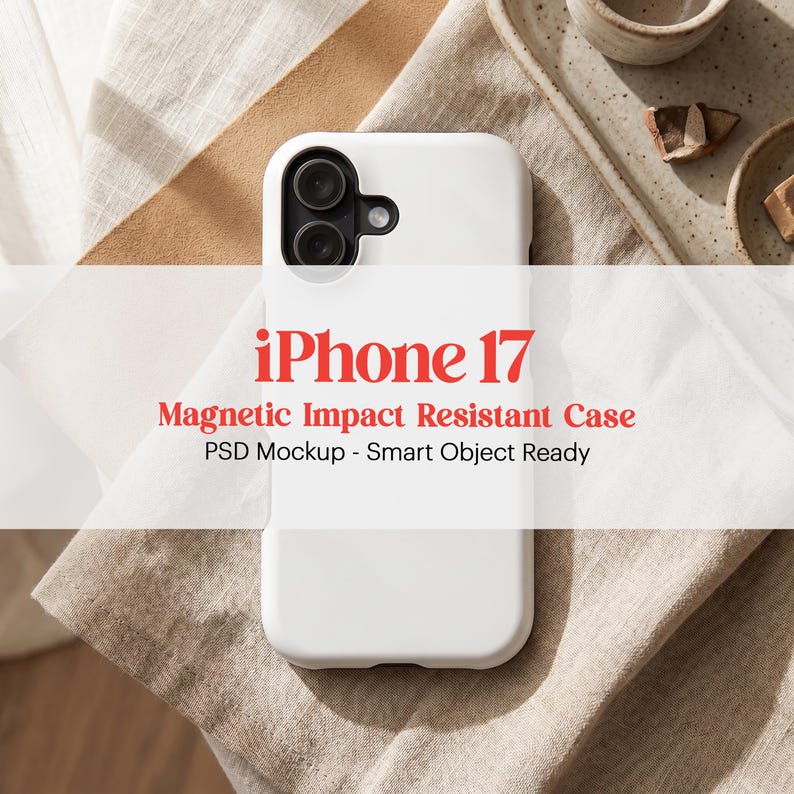 Peut inclure: Coque blanche pour iPhone 17, r&eacute;sistante aux chocs et magn&eacute;tique. L'&eacute;tui pour t&eacute;l&eacute;phone pr&eacute;sente une d&eacute;coupe pour un appareil photo &agrave; double objectif. Le texte "iPhone 17" est en rouge.