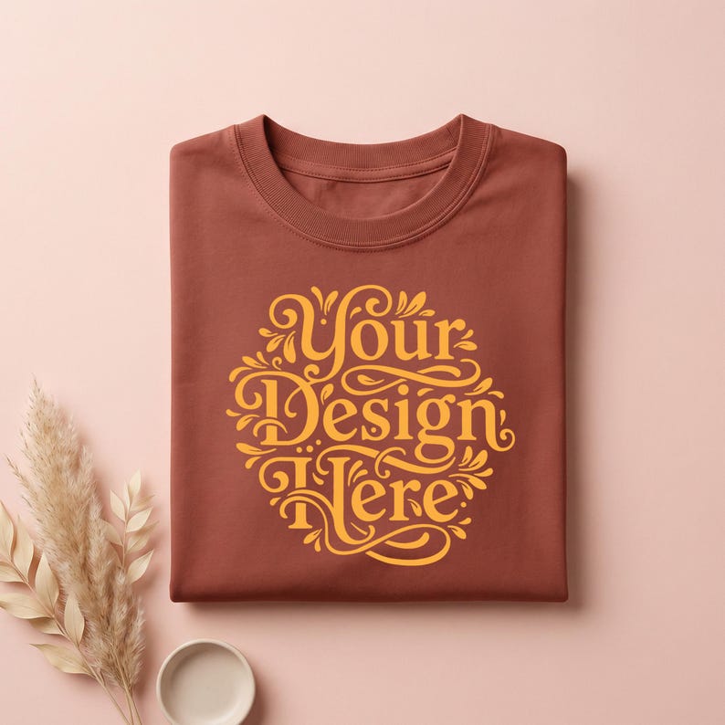May include: A folded rust-colored t-shirt with a crew neck. The shirt features a circular design in gold lettering that reads "Your Design Here". The shirt is displayed on a light pink surface.