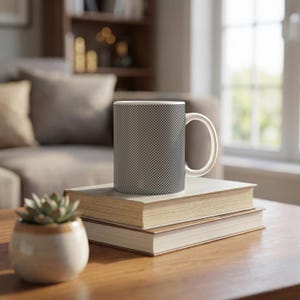 May include: A ceramic mug featuring a small-scale black and white checkered pattern across its entire exterior surface, complete with a smooth white handle and a matching white interior rim, standing upright on a stack of two hardcover books.