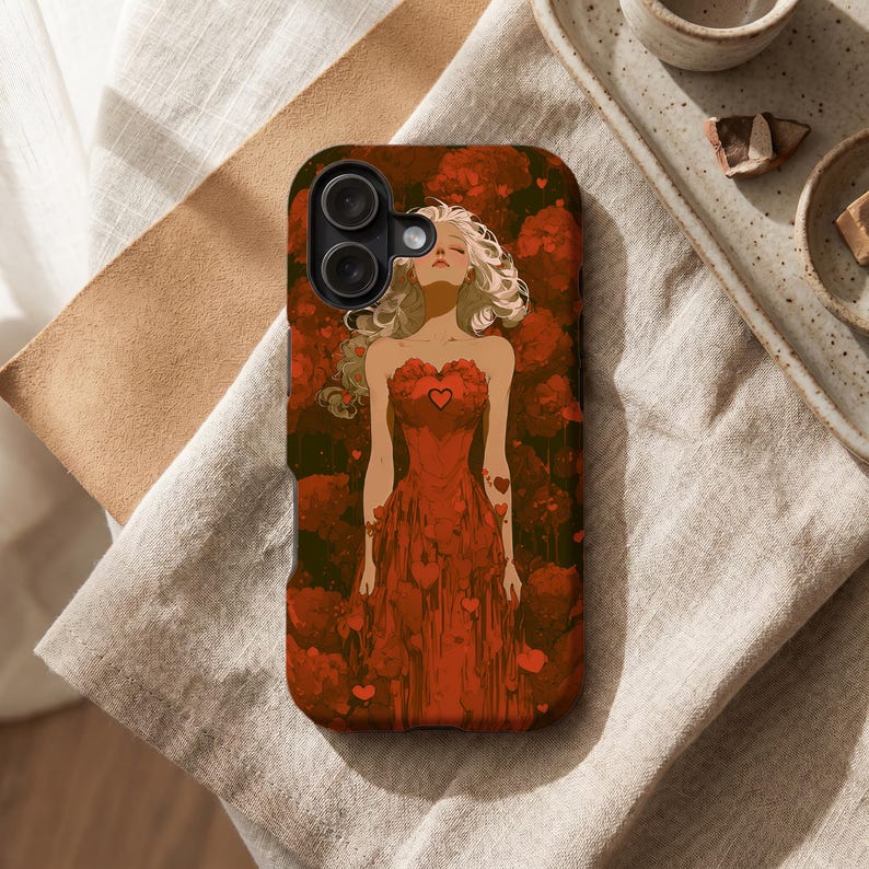 Peut inclure: Coque de t&eacute;l&eacute;phone avec une illustration d'une femme en robe rouge orn&eacute;e de c&oelig;urs, sur fond de fleurs rouges. La femme a les cheveux blonds et regarde vers le haut. La coque a un module cam&eacute;ra noir.