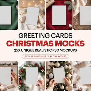 May include: A collection of twenty-five rectangular greeting card mockups featuring blank white cards displayed in various holiday settings, including pine branches, ornaments, wrapped gifts, and Christmas trees, with text GREETING CARDS CHRISTMAS MOCKS.