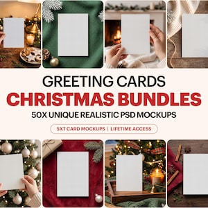 May include: A collection of 50 unique realistic 5x7 inch greeting card PSD mockups for Christmas. The bundle features various blank white rectangular cards displayed in festive settings, including holiday decor, pine branches, and warm lighting.