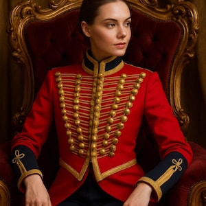 May include: A red military-style jacket featuring a high collar, gold braided cord detailing, and rows of gold buttons. The cuffs are dark blue with gold embroidery. The jacket is worn over dark trousers, showcasing a structured design.