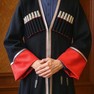 May include: A black long-sleeved coat featuring red cuffs, a silver-trimmed front opening, and two rows of decorative silver-toned cartridge holders across the chest. The garment is worn over a blue collared shirt with a visible button-down front.
