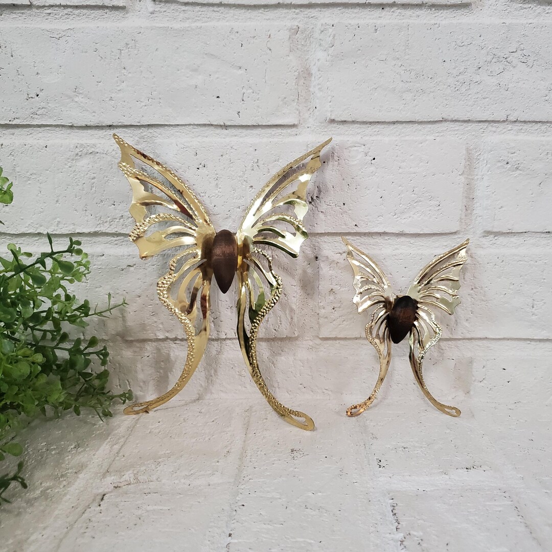 Vintage Gold Tone Butterfly Wall Decor - MCM Metal & Wood Set of Two - Etsy