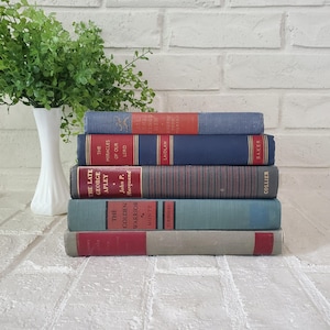 Vintage Hardback Book Stack: Blue & Red Shelf Decor - 5 Book Bundle