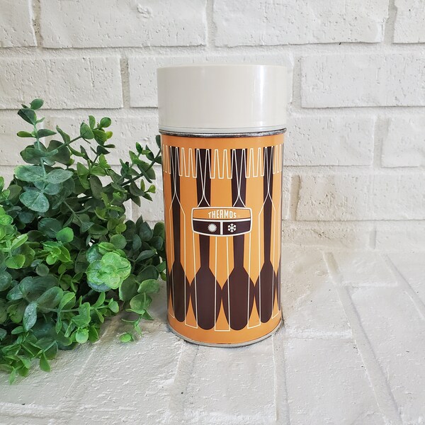 Vintage Retro Orange and Brown King Seeley Thermos Kitschy Kitchen Decor Travel Thermos 1970s Fork and Spoon Print Thermos Retro Decor