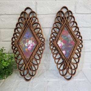Vintage Burwood Faux Wicker Diamond Shaped Frames with Colorful Floral Art Pair of Floral Art Prints in Unique Faux Rattan Diamond Frames