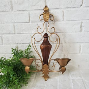 Vintage Ornate Double Arm Wall Sconce: Wood & Gold Tone Metal Candle Holder