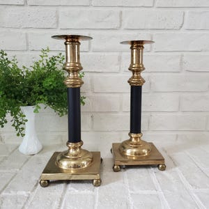 Vintage Brass and Black Candlestick Holder Set Large Heavy Brass Candlestick Holders Ornate Brass Extra Large Taper Candle Holder Pair