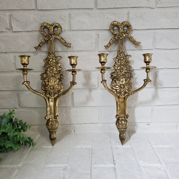 Vintage Set of Two Large Brass Taper Candle Holder Wall Sconces Solid Brass Two Arm Wall Sconces Ornate Ribbon Bows and Flower Design