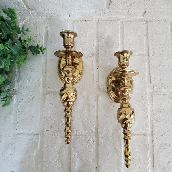 Vintage Set of Two Brass Taper Candle Holder Wall Sconces Heavy Gold Toned Swirl Brass Wall Hanging Candle Holder Sconces Pair of Sconces