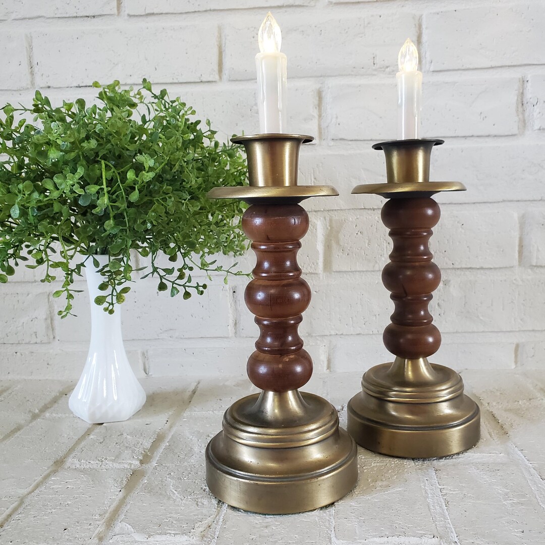 Vintage Wood Brass Candlestick Holders: Set of Two Taper Candle Holders ...
