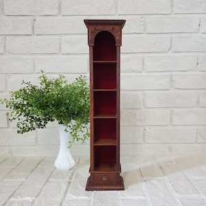 Vintage Ornate Wooden Display Shelf: Red Velvet Lined Trinket Jewelry Holder