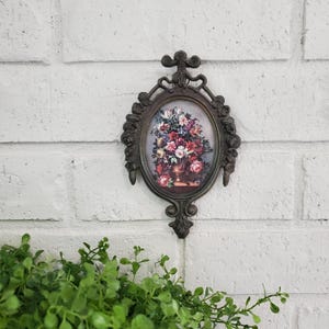 Small Vintage Ornate Brass Frame with Roses Vintage Floral Print Vintage Metal Hanging Print Antique Made in Italy Wall Art Vintage Frame