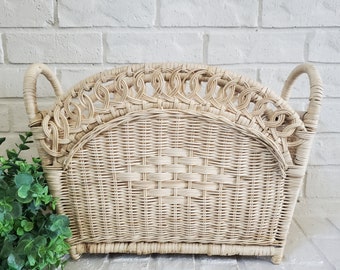 Vintage Wicker Magazine Rack Magazine Holder Woven Rattan Magazine Book Storage Organizer Bleached Wicker Basket Organizer Cottage Decor