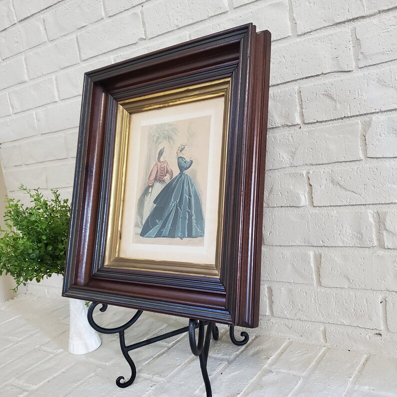 Vintage Large Wood and Gold Framed Paris Fashion Lithograph Ornate Wood