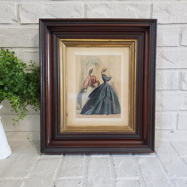 Vintage Large Wood and Gold Framed Paris Fashion Lithograph Ornate Wood