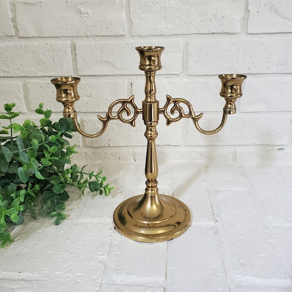Vintage Solid Brass Candleabra Three Arm Brass Candlestick Holder Ornate Gold Toned Brass Three Candle Candleabra Heavy Brass Decor