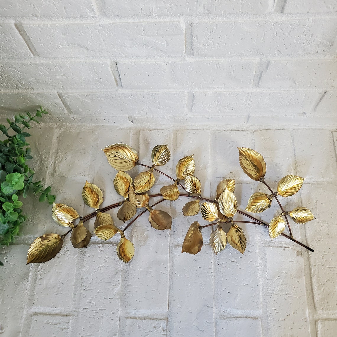 Vintage Metal Wall Art Brass Branch of Leaves Gold Leaves Hanging Wall