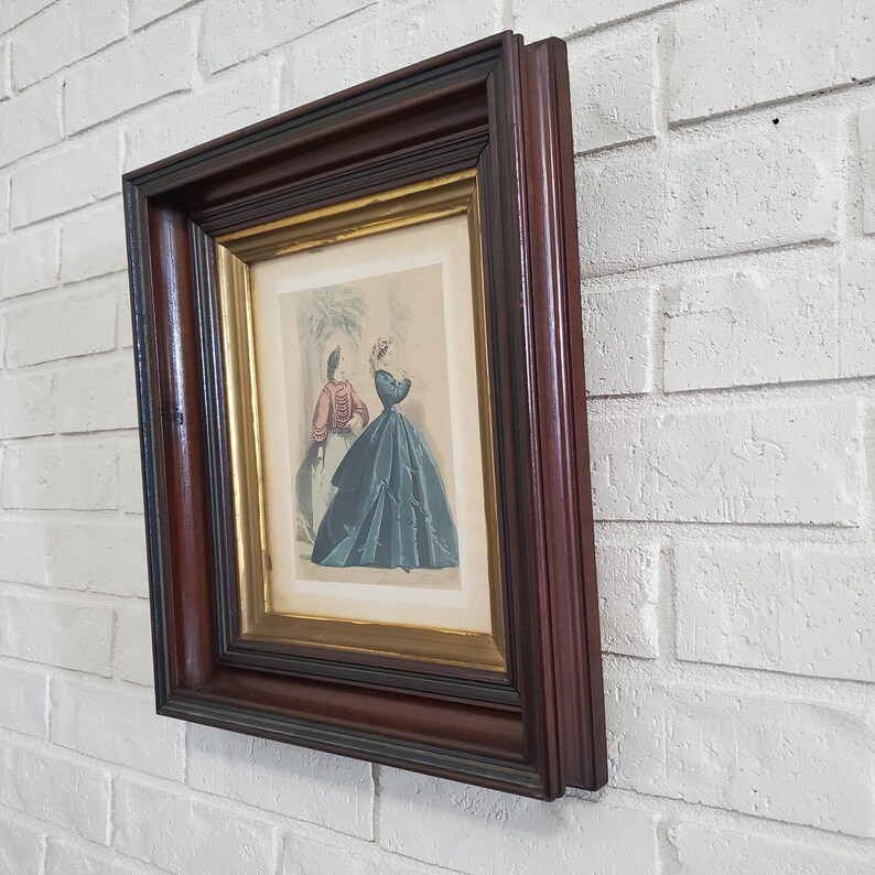 Vintage Large Wood and Gold Framed Paris Fashion Lithograph Ornate Wood