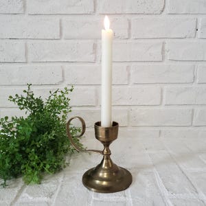 Vintage Brass Candlestick Holder Heavy Brass Chamberstick Gold Toned Brass Taper Candle Holder Scroll Handle Drip Dish Brass Candlestick