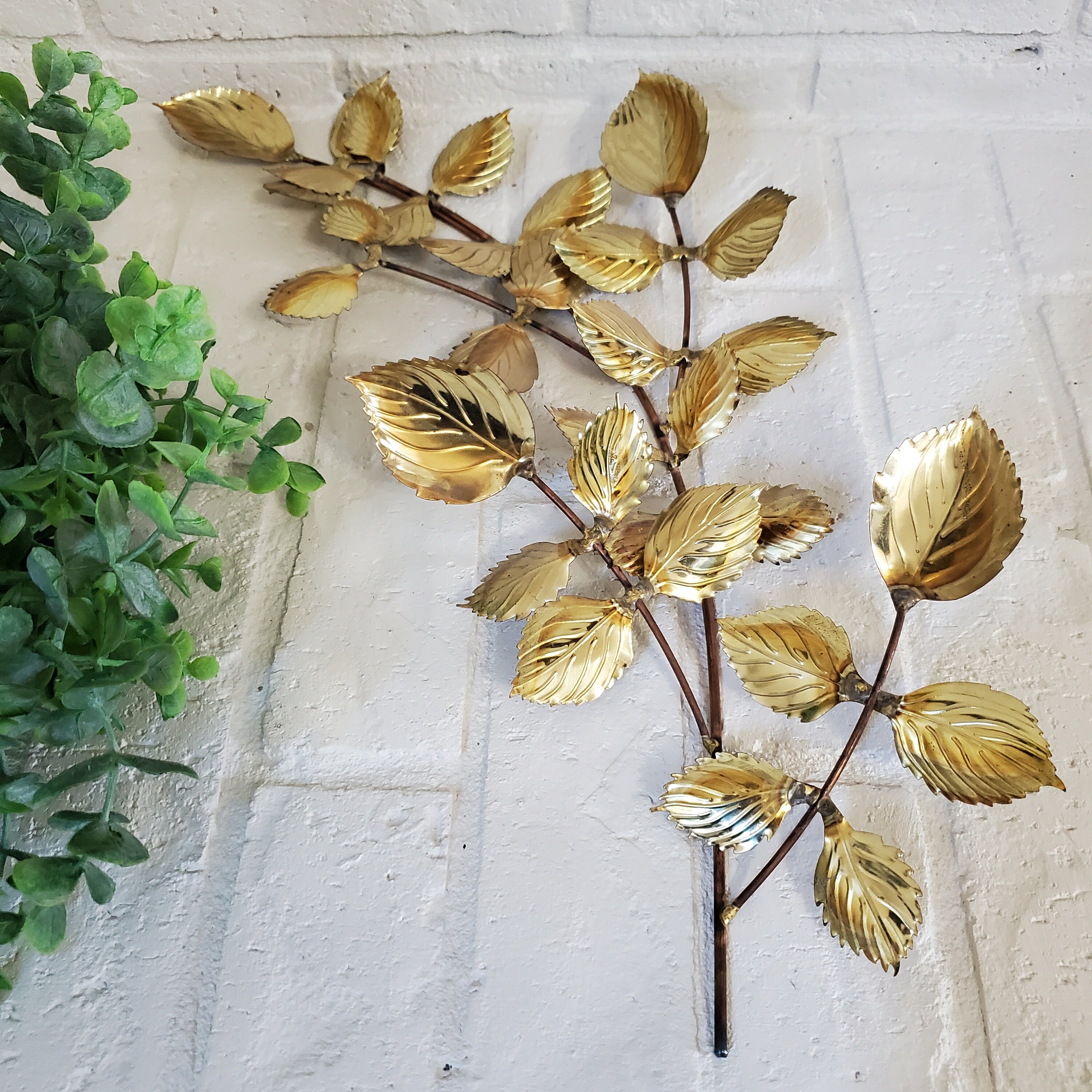 Vintage Metal Wall Art Brass Branch of Leaves Gold Leaves Hanging Wall