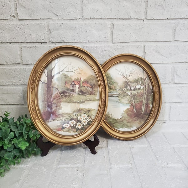 Vintage Pair of Watercolor Prints in Ornate Oval Gold Frames Gallery Wall Art Set of Framed Prints F. Massa Prints Country Cottage Scenes