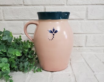 Vintage Pink and Green Glazed Pottery Pitcher Vase Cottage Core Blush Pink Ceramic Large Pottery Pitcher Dainty Blue Detail Glazed Pitcher