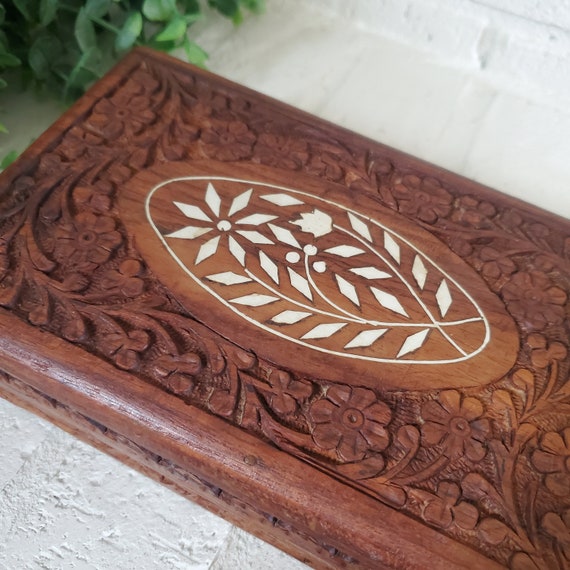 Vintage Hand Carved Wood Trinket Jewelry Box Dain… - image 10