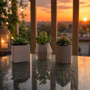 May include: Three small succulent plants in textured, light-colored pots sit on a reflective surface. The pots are square, geometric, and cylindrical. The background features a sunset with warm orange and yellow hues, with string lights and a lantern.