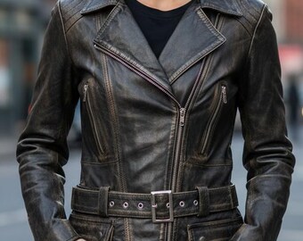 Chaqueta de cuero de cordero genuino hecha a mano para mujer, estilo vintage, desgastada, marrón, corte ajustado, estilo motociclista.