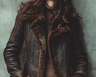 May include: A brown leather coat with a fur trim on the collar and cuffs. The coat has a worn look and two front pockets. The model is wearing a brown jumper and blue jeans. A classic outerwear garment.