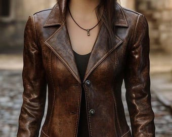Women’s Vintage Genuine Lambskin Leather Distressed Brown Jacket | Tailored Fit Sleek Patina Leather Blazer