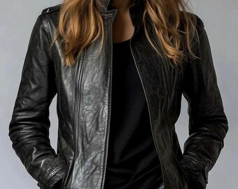 Chaqueta de cuero genuino negra vintage hecha a mano para mujer / Abrigo estilo motociclista desgastado
