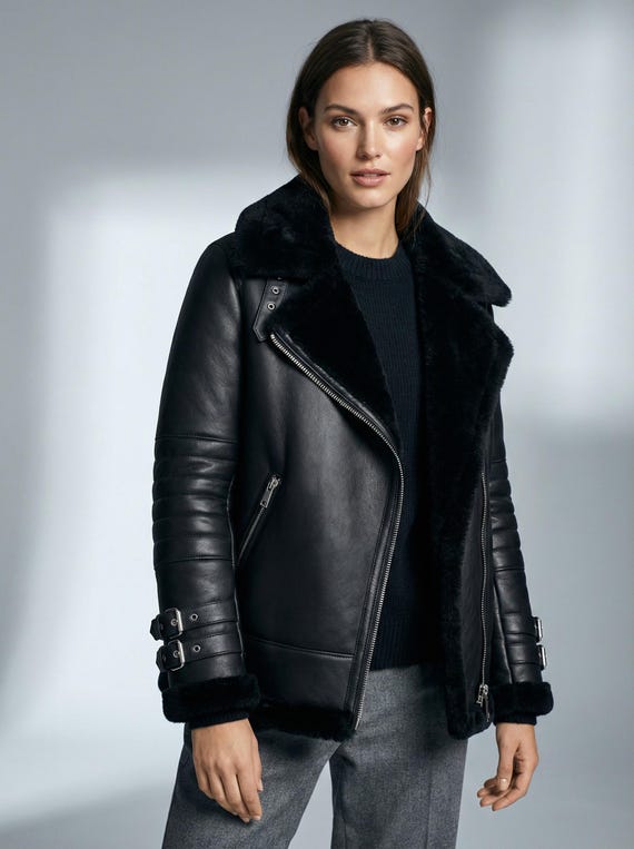 Women’s Genuine Lambskin Leather Quilted Arm Shearling Moto Coat : Modern Aviator Bike Style Jacket