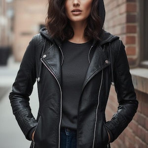 May include: Black faux leather jacket with a hood and silver zips. The jacket features a quilted design on the shoulders and sleeves. The model is wearing a black t-shirt and blue jeans.