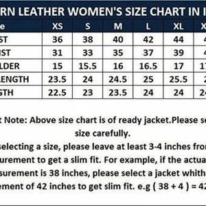 May include: A size chart for western leather jackets, displaying measurements in inches. The chart includes bust, waist, shoulder, sleeve length, and length measurements for sizes XS to XXXL. An important note advises careful size selection for a slim fit.