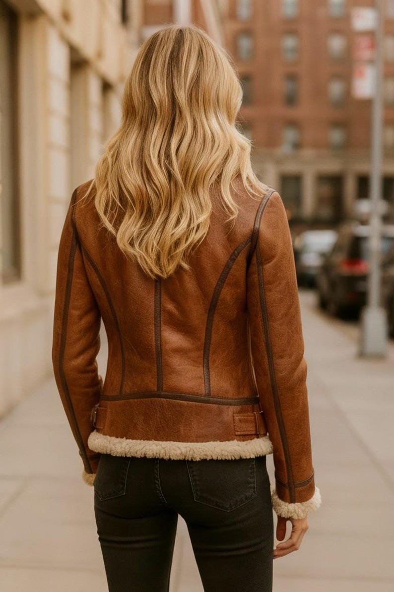 May include: A brown leather jacket with a shearling lining and trim. The jacket has a classic design with a zip closure and a fitted silhouette. The model is wearing dark jeans. The jacket is a stylish outerwear option.