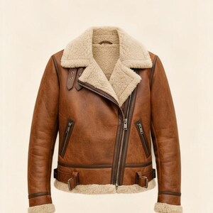 May include: Brown leather jacket with a shearling collar and lining. The jacket features a diagonal zipper, multiple pockets, and adjustable buckles at the waist and cuffs. The jacket has a classic aviator style.