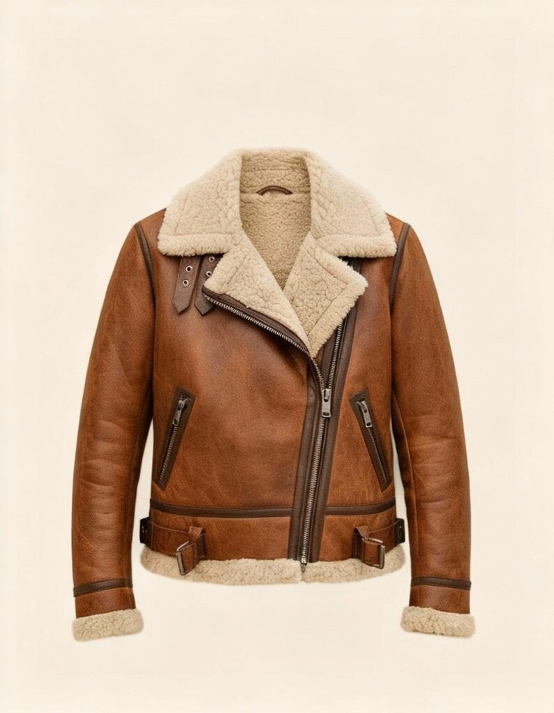 May include: Brown leather jacket with a shearling collar and lining. The jacket features a diagonal zipper, multiple pockets, and adjustable buckles at the waist and cuffs. The jacket has a classic aviator style.