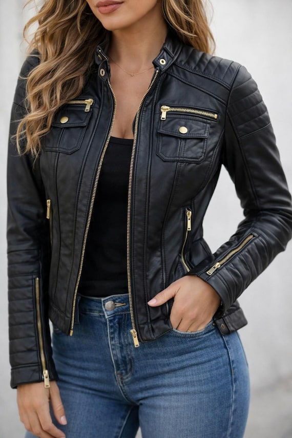 Women’s Fitted Genuine Lambskin Leather Jacket | Gold Zippers Black Coat | Slim Fit Moto Style