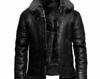 Men's Black Shearling Aviator Jacket: Genuine Sheepskin Leather Bomber