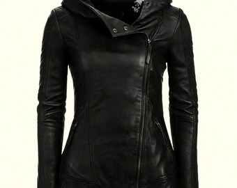 Women Hooded Real Lambskin Leather Black Fashion Jacket, Slim Fit Biker Style Moto Jacket