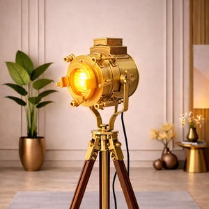 Vintage Brass Tripod Spotlight Floor Lamp | Nautical Searchlight Style | Handmade Industrial Studio Light | Antique Finish Home Decor
