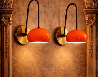 Mid Century Modern Brass Wall Sconces: Orange Dome Lamps - Set of 2