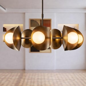 Large Modern Brass Sputnik Chandelier – Seven Globe Mid Century Ceiling Light – Handmade Milky Glass Pendant – Custom Linear Brass Fixture