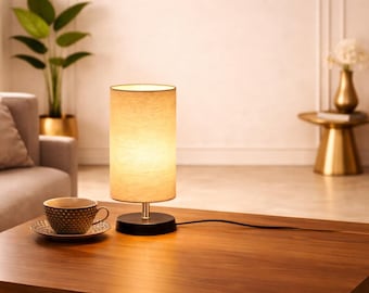 Modern Mini Cylindrical Lamp with Wooden Base | Fabric Shade Nightstand Light