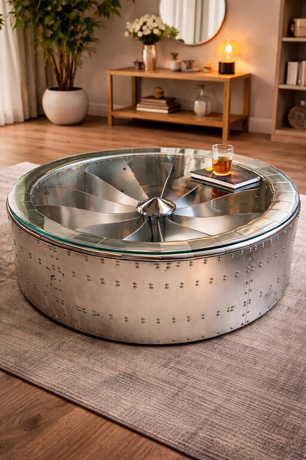 Aviator Round Coffee Table Jet Engine Turbine Center Table With Glass ...