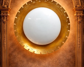 Mid Century Modern Brass Flush Mount Ceiling Light with Glass Globe by Aisha